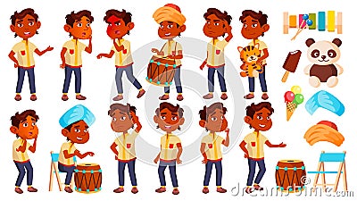 Indian Boy Kindergarten Kid Poses Set Vector. Little Child. Funny Toy. Lifestyle. For Advertising, Placard, Print Design Vector Illustration