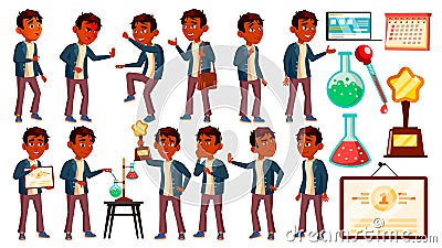 Indian Boy Schoolboy Kid Poses Set Vector. High School Child. Children Study. Discovery, Experience, Science. Knowledge Vector Illustration