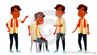 Indian Boy Schoolboy Kid Poses Set Vector. High School Child. Child Pupil. Subject, Clever, Studying. For Postcard Vector Illustration