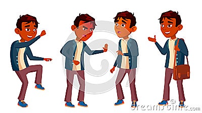 Indian Boy Schoolboy Kid Poses Set Vector. High School Child. Schoolchild. September, Schoolchildren, Teen. For Web Vector Illustration