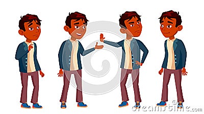 Indian Boy Schoolboy Kid Poses Set Vector. High School Child. Teenage. Book, Workspace, Board. For Web, Brochure, Poster Vector Illustration