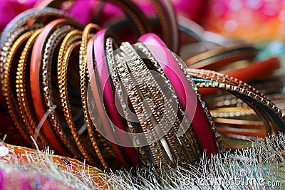 Indian bracelets on beautiful shawl. Indian fashion Stock Photo