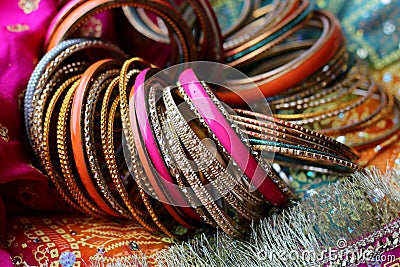 Indian bracelets on beautiful shawl. Indian fashion Stock Photo