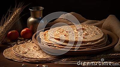 Indian Bread Roti or Chapati with Wheat Ears on Tabletop Background Stock Photo