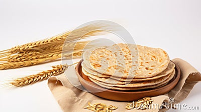 Indian Bread Roti or Chapati with Wheat Ears on Tabletop Background Stock Photo