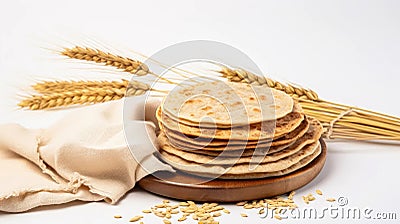 Indian Bread Roti or Chapati with Wheat Ears on Tabletop Background Stock Photo