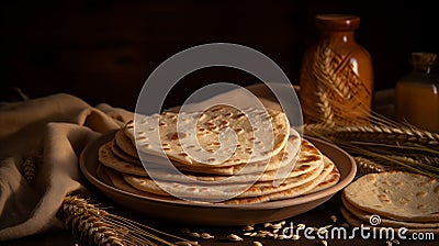 Indian Bread Roti or Chapati with Wheat Ears on Tabletop Background Stock Photo