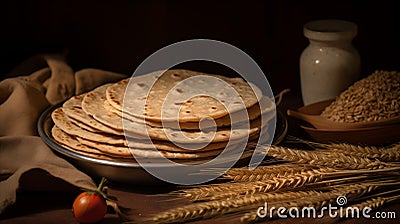 Indian Bread Roti or Chapati with Wheat Ears on Tabletop Background Stock Photo