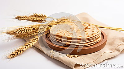 Indian Bread Roti or Chapati with Wheat Ears on Tabletop Background Stock Photo