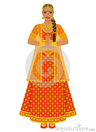 Indian bride in wedding red lehenga dress Cartoon Illustration