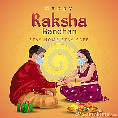 Indian brother and sister wearing surgical mask. happy Raksha Bandhan festival. Rakhi celebration in india vector illustration. Vector Illustration