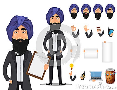 Indian business man cartoon character creation set Vector Illustration