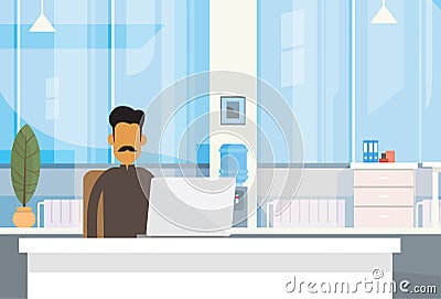 Indian Business Man Sitting Desk India Businessman Office Working Place Laptop Vector Illustration