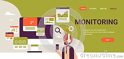 Indian businessman headset online trading monitoring sales concept financial diagrams graphs analytics copy space Vector Illustration