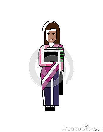 Indian woman holds suitcase with money Vector Illustration