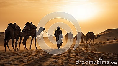 indian (camel driver) bedouin with camel silhouettes in sand dunes of Thar desert on sunset Stock Photo