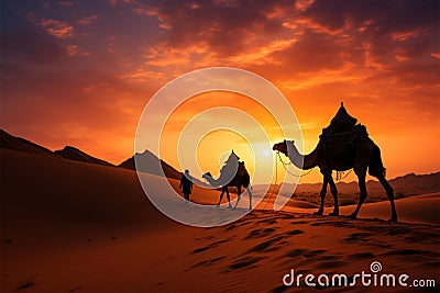 Indian cameleer with camel silhouettes in the desert at sunset Stock Photo