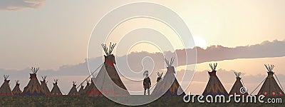 Indian camp at dusk Cartoon Illustration