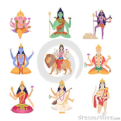 Indian characters gods. Fantasy mascots of indian culture vishnu ganesha lakshmi vector illustrations Vector Illustration