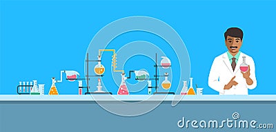 Indian chemist in chemical laboratory vector background Vector Illustration