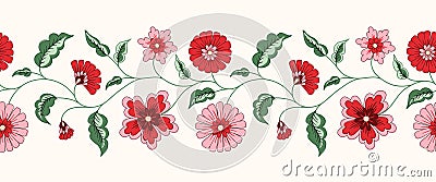 Indian Chintz Flowers Vector Seamless Hotrizontal Pattern Border Vector Illustration