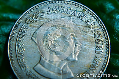 INDIAN COIN 5 RUPEES JAWAHAR LAL NEHRU Stock Photo