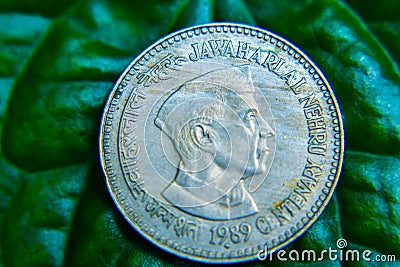 INDIAN COIN 5 RUPEES JAWAHAR LAL NEHRU Stock Photo