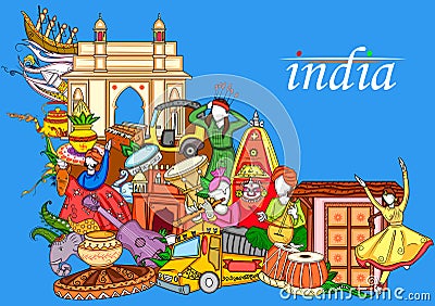 Indian collage illustration showing culture, tradition and festival of India Vector Illustration