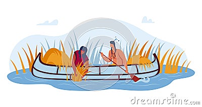 Indian comrades boat, traditional work, river background, brushwood picking, roof repair design, flat style vector Vector Illustration