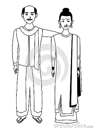 Indian couple avatar cartoon character in black and white Vector Illustration