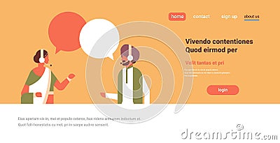 Indian couple chat bubbles communication speech dialogue indian man woman headphones call center operator cartoon Vector Illustration