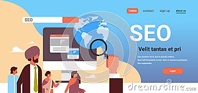 Indian couple monitoring using magnifier seo search engine optimization global internet searching concept flat Vector Illustration