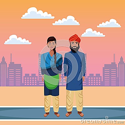 Indian couple avatar cartoon character Vector Illustration