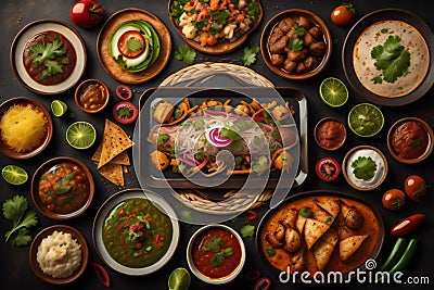 Indian cuisine. Assorted indian food on black background, top view. generative ai Stock Photo