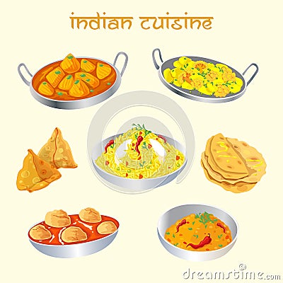 Indian cuisine dishes set Vector Illustration