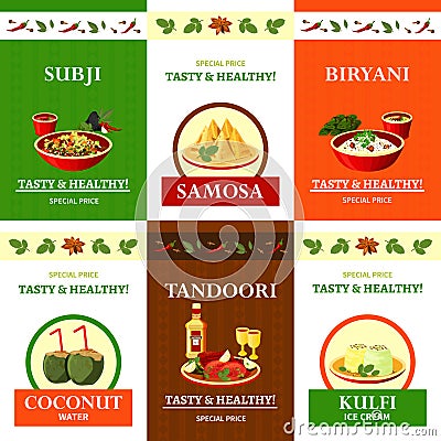 Indian Cuisine Flat Icons Set Poster Vector Illustration