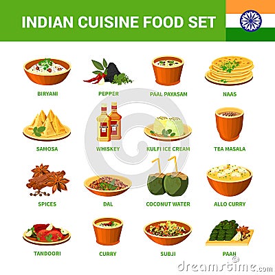 Indian Cuisine Food Set Vector Illustration