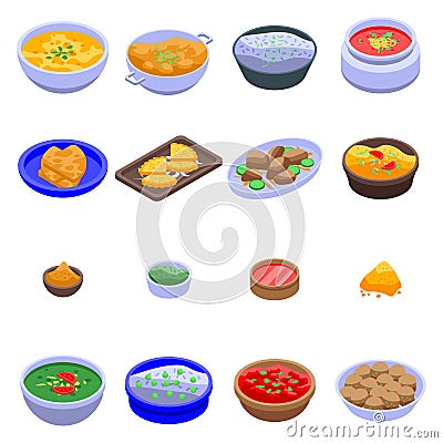 Indian cuisine icons set, isometric style Vector Illustration