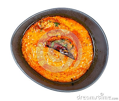 Top view of yellow Dal Tadka in bowl isolated Stock Photo