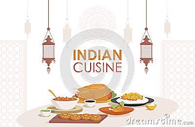 Indian cuisine vector flat poster design. Fresh and tasty Indian dishes, chicken stew, stuffed chicken, curry with rice. Vector Illustration