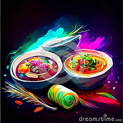 Indian cuisine vector illustration. Traditional indian food. Assorted indian dishes in bowls. AI generated Cartoon Illustration