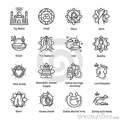 Indian culture line icons set. Editable Vector Illustration