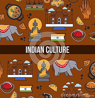 Indian culture symbols and vector India landmarks Vector Illustration