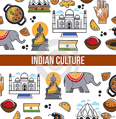 Indian culture symbols and vector India landmarks. Vector Illustration