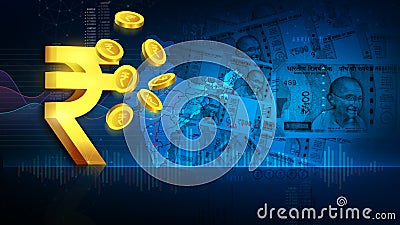 Indian currency background with rupee icon and falling rupee coins 3D rendering Cartoon Illustration