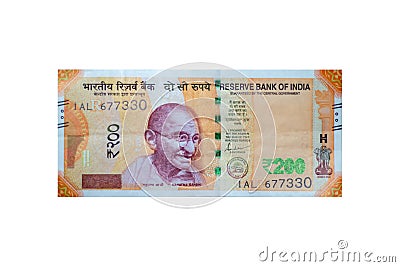 Indian 200 currency note rupee Mahatma Gandhi Stock Photo
