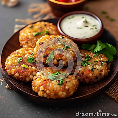 Indian delicacy Sabudana vada, made from sago, served with chutney Stock Photo