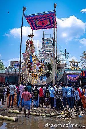 Indian Devotees Pulling The Chariot Of a Hindu Lord Aravan, Indian Culture Editorial Stock Photo