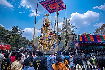 Indian Devotees Pulling The Chariot Of a Hindu Lord Aravan, Indian Culture Editorial Stock Photo