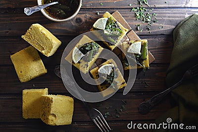 Indian Dhokla - recipe preparation photos with photos of the final dish and traditional mattha Stock Photo